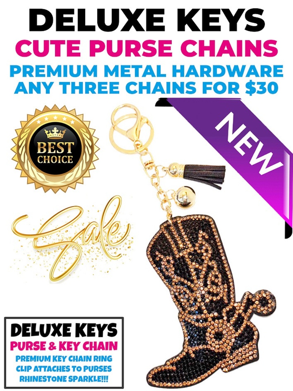DeLuxe Keys Rhinestone Keychain/Purse Chain COWBOY BOOT BLACK SWIRL